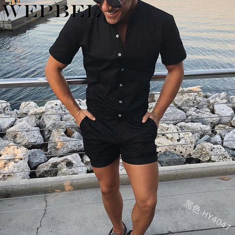 WEPBEL Summer Men Casual Bodycon Jumpsuits Slim Fit T-shirt Beach Street Romper S-5XL Short Pants with Button Pocket Jumpsuit
