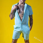WEPBEL Summer Men Casual Bodycon Jumpsuits Slim Fit T-shirt Beach Street Romper S-5XL Short Pants with Button Pocket Jumpsuit